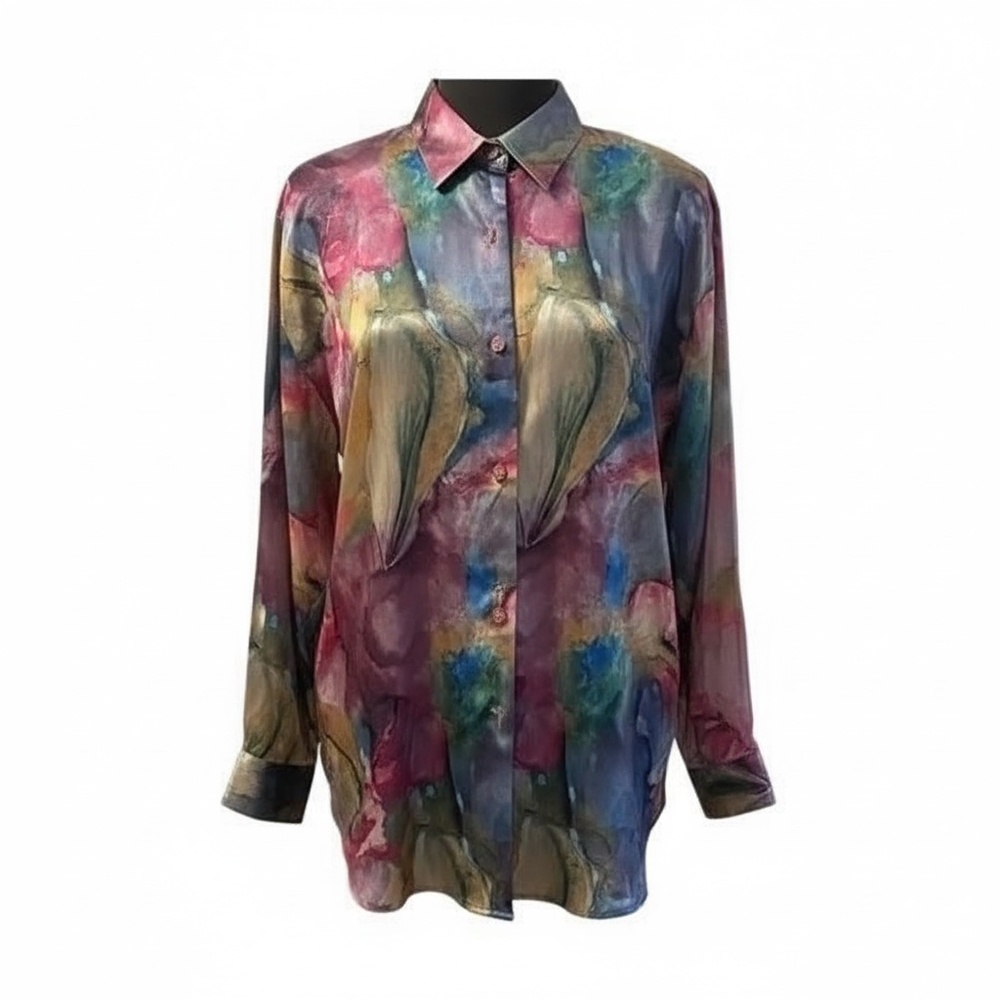 Vintage Judy Knapp Watercolor Long Sleeve‎ Slik Shirt, Size M